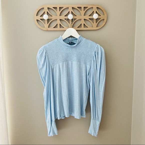 7 For All Mankind Puff Shoulder Blouse Blue Sz Medium - Picture 1 of 8